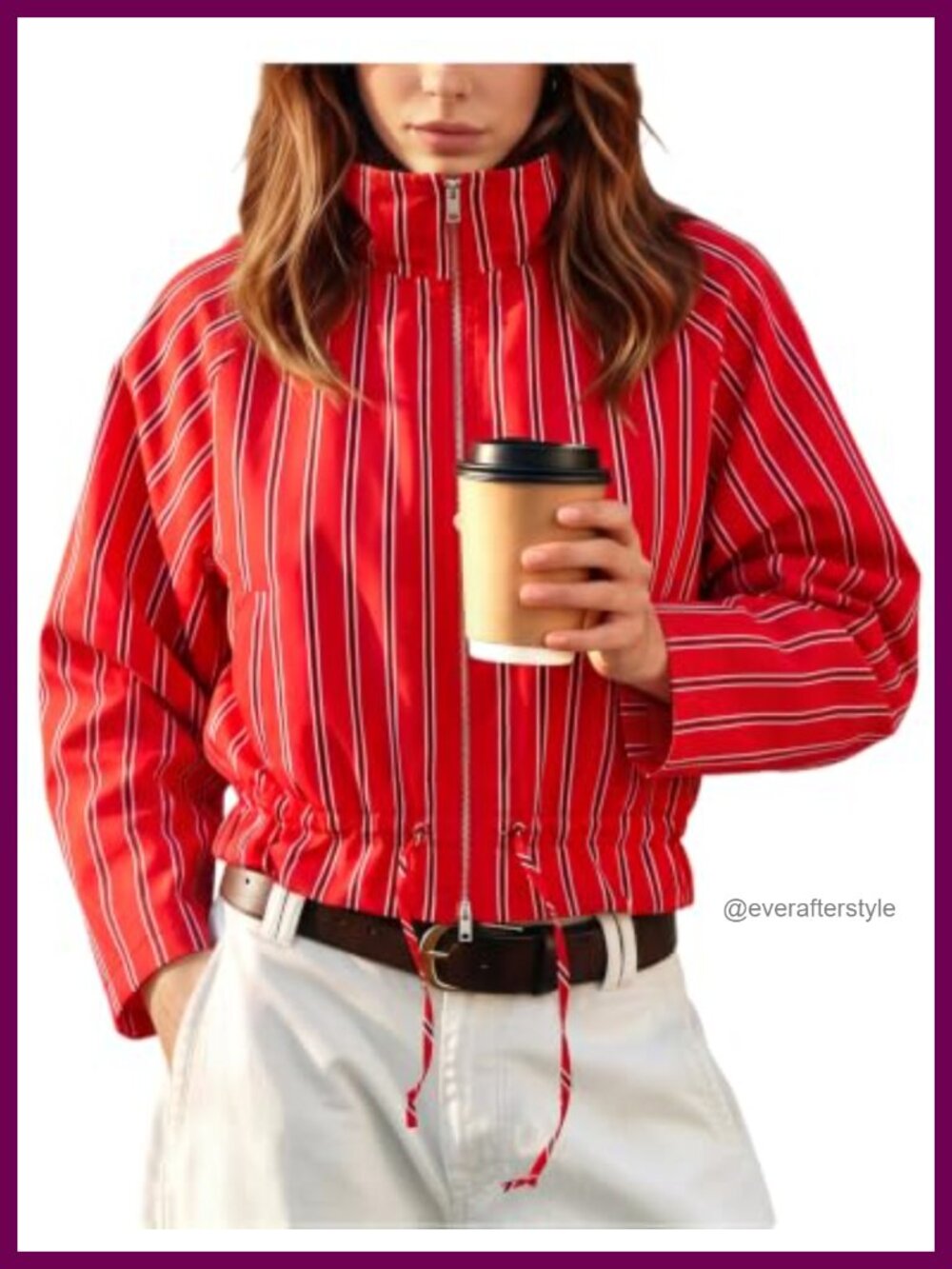 Striped Cropped Zip Up Lightweight Casual Jacket Ruffle Hem Shacket